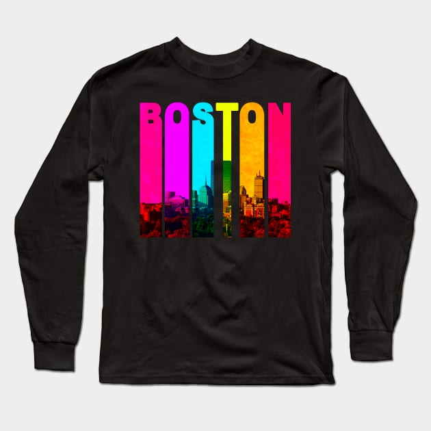 Retro Boston Massachusetts Cityscape Skyline Long Sleeve T-Shirt by phughes1980